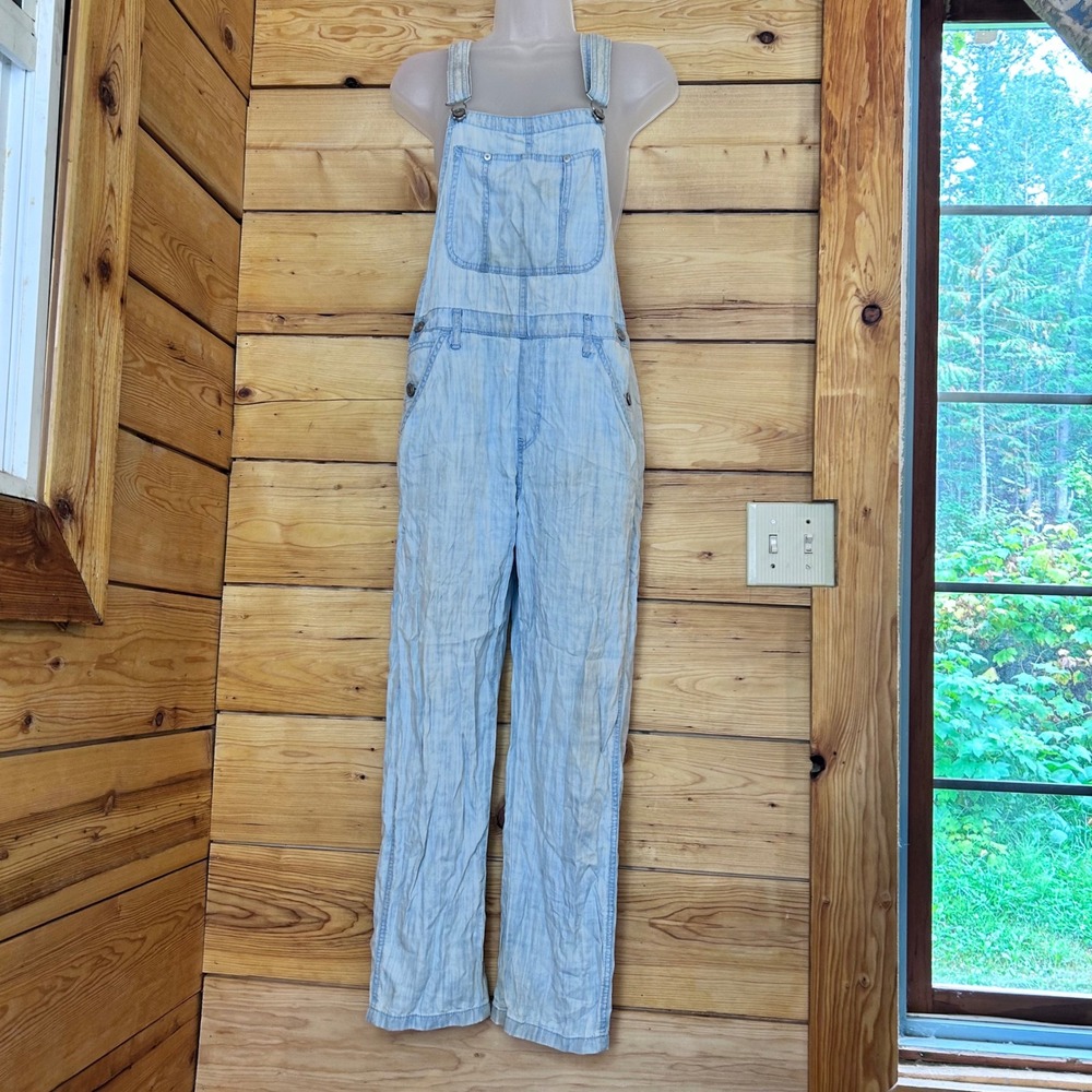 Linen Blend Overalls Wome Small Blue Chambray Straight Leg Dungarees TNA Aritzia